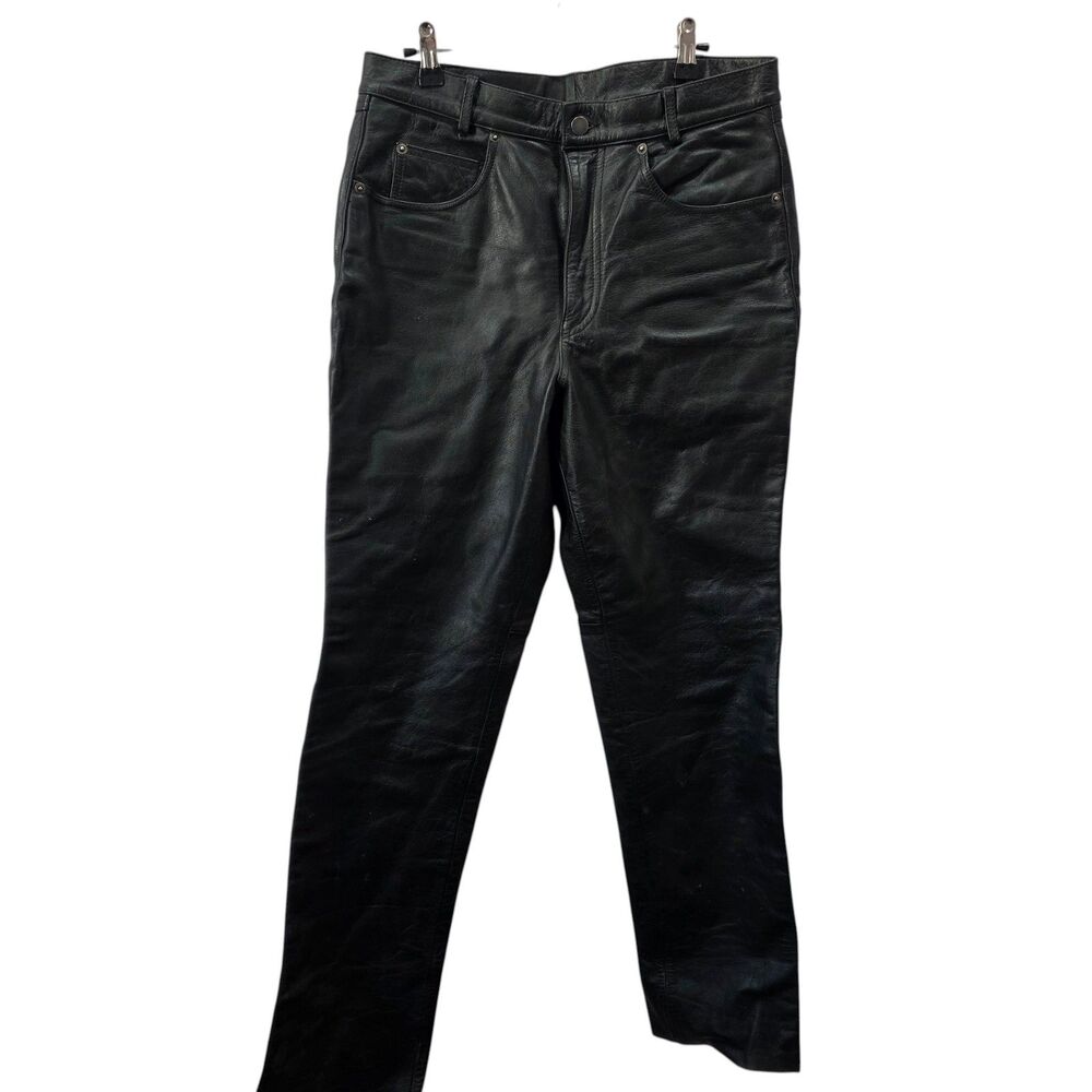 FMC Black Leather Pants Mens 34 Straight Biker Motorcycle Lined Rocker